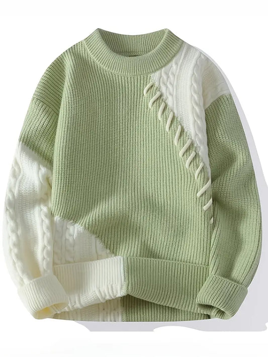 Commisely Two-Tone Patchwork Knitted Sweater – Beige & Ivory