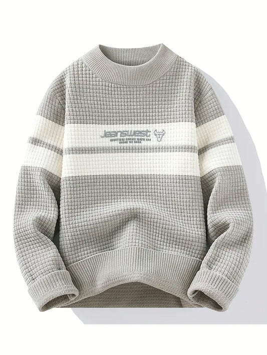 Commisely Textured Knit Sweater – Cream & Gray Block Stripe